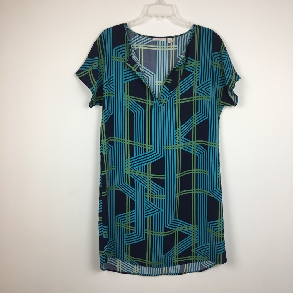 Halogen Abstract Geometric Shift Dress Sz Small Blue Green V Neck Popover Boho